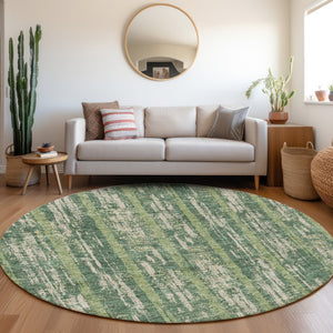 HomeRoots 8' Striped Washable Round Rug in Green & Beige - UV Protection, Stain-Resistant, Ideal for Homes! 670895