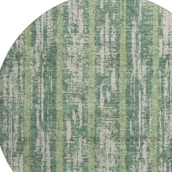 HomeRoots 8' Striped Washable Round Rug in Green & Beige - UV Protection, Stain-Resistant, Ideal for Homes! 670895