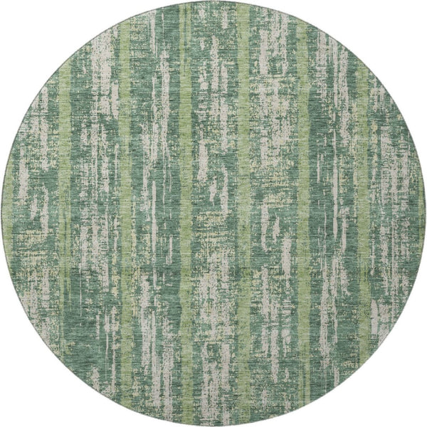 HomeRoots 8' Striped Washable Round Rug in Green & Beige - UV Protection, Stain-Resistant, Ideal for Homes! 670895