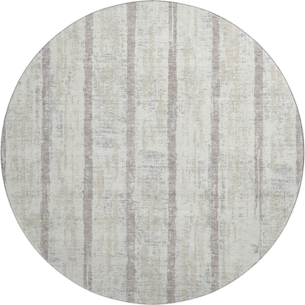 HomeRoots 8' Ivory and Beige Striped Washable Round Rug - Durable, Stain Resistant, UV Protected for Homes 670901