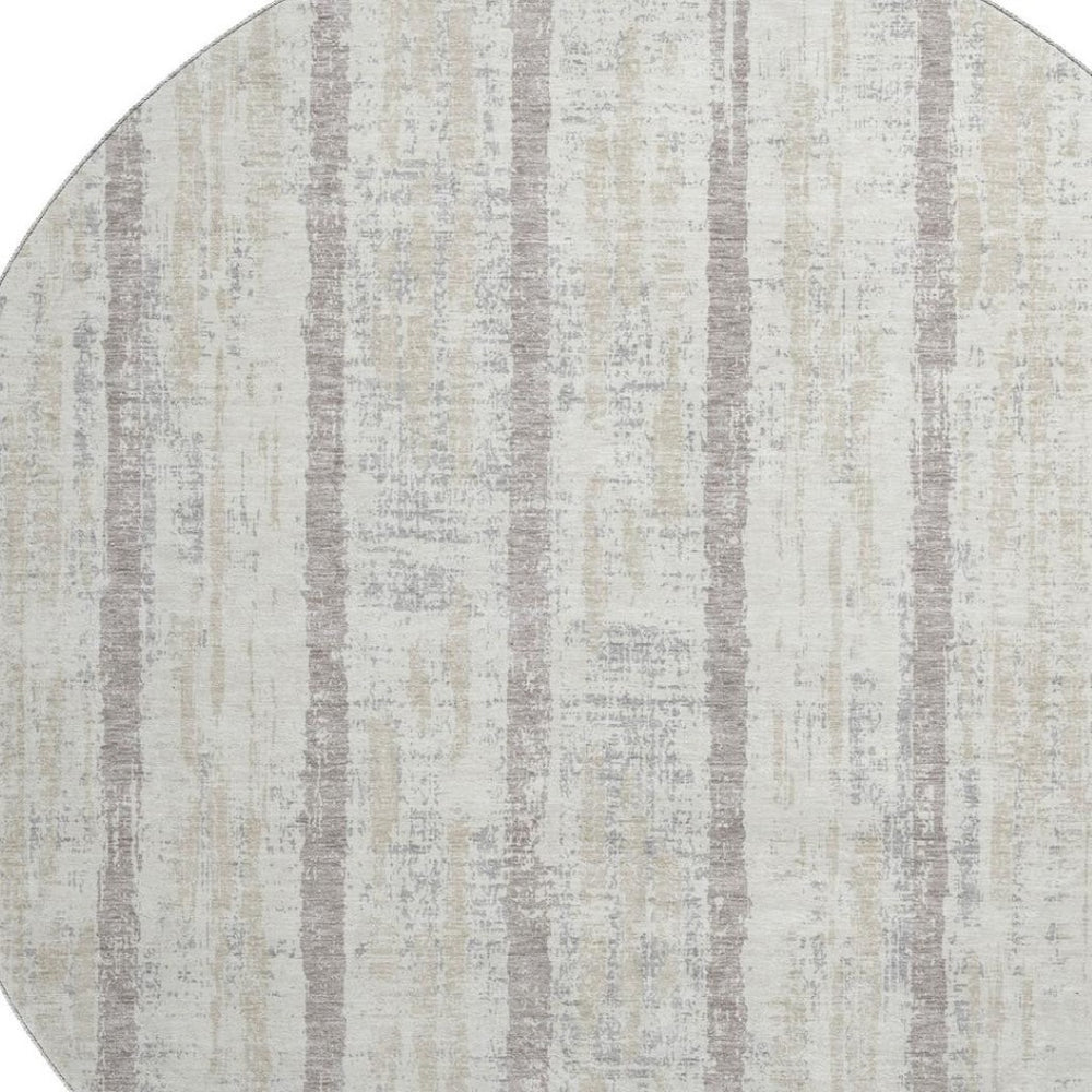 HomeRoots 8' Ivory and Beige Striped Washable Round Rug - Durable, Stain Resistant, UV Protected for Homes 670901