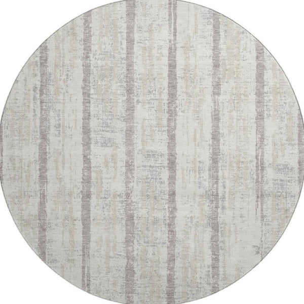 HomeRoots 8' Ivory and Beige Striped Washable Round Rug - Durable, Stain Resistant, UV Protected for Homes 670901