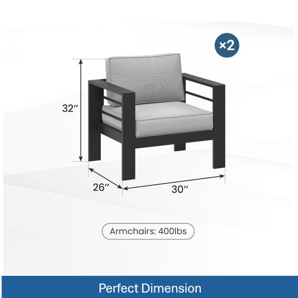 English Elm Set of 2 Outdoor Iron Armchairs with Olefin Cushions for Patio Resort Lounging Black+Grey B082P455107