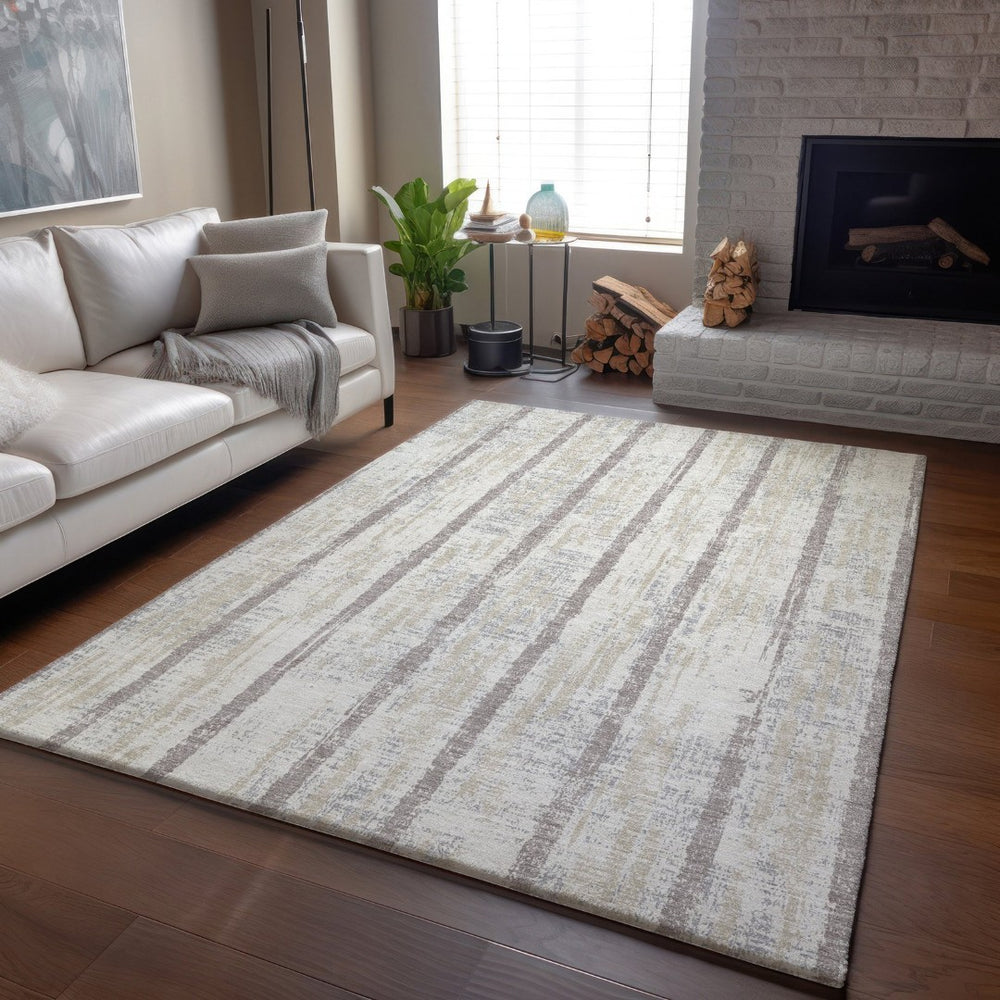 HomeRoots 8' X 10' Ivory and Beige Striped Area Rug - Washable, UV Protected, Ideal for Busy Homes & Stylish Decor 670902