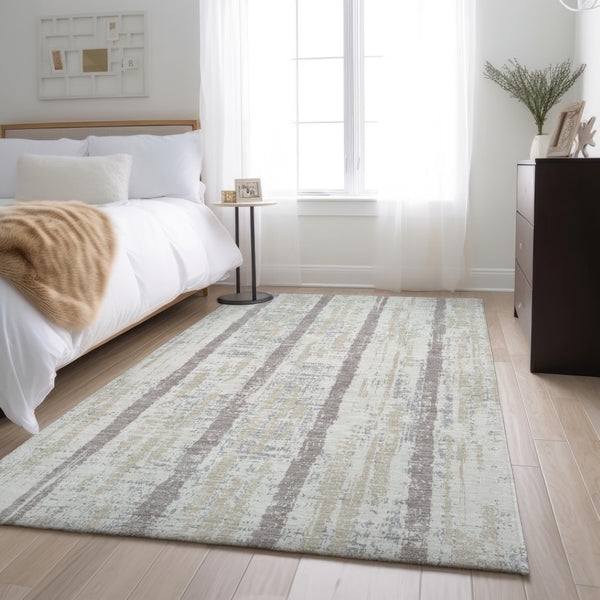 HomeRoots 9' X 12' Ivory And Beige Striped Washable Area Rug - Durable, Stain-Resistant & UV Protected for Homes 670903