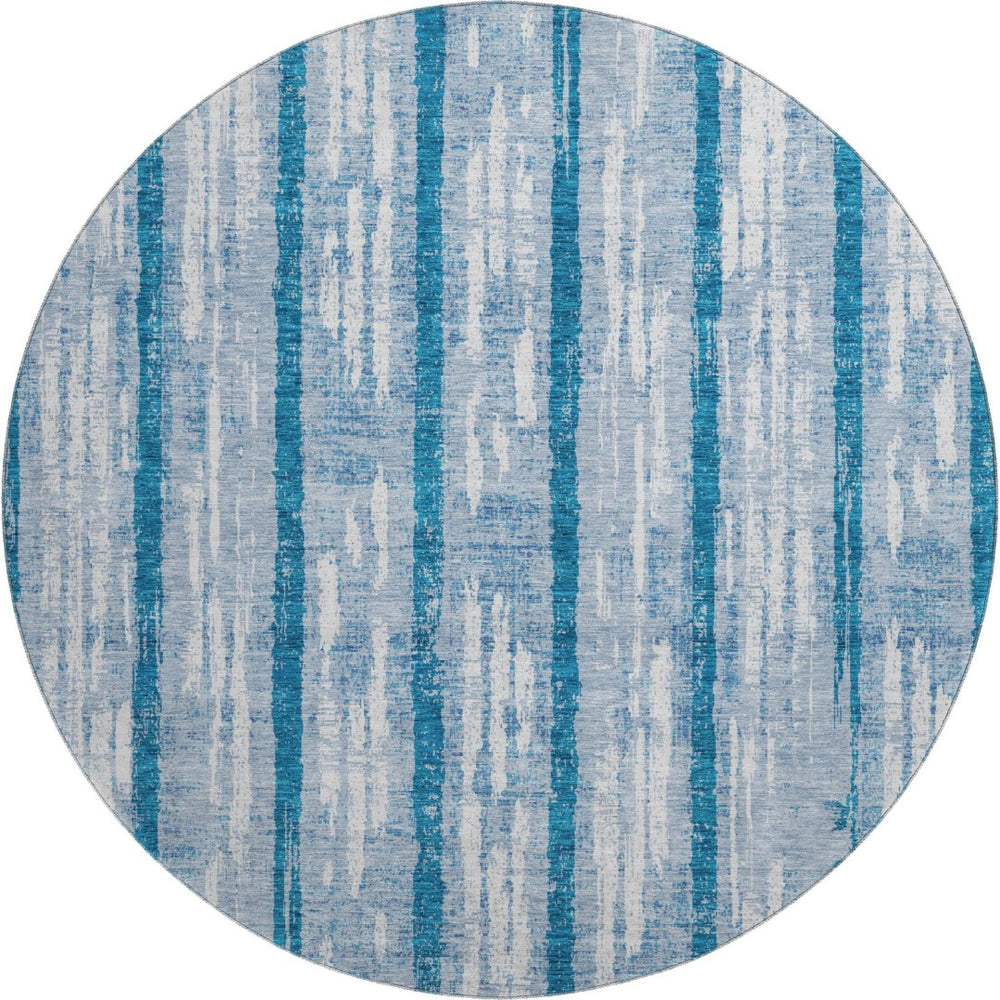 HomeRoots 8' Navy Blue and Ivory Striped Round Rug - Washable, UV-Protected, Durable for Family-Friendly Spaces 670907