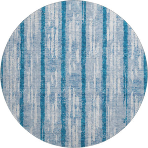 HomeRoots 8' Navy Blue and Ivory Striped Round Rug - Washable, UV-Protected, Durable for Family-Friendly Spaces 670907