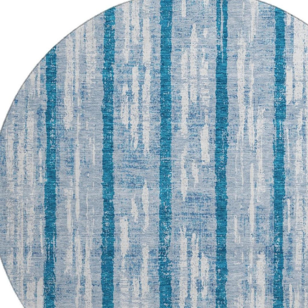 HomeRoots 8' Navy Blue and Ivory Striped Round Rug - Washable, UV-Protected, Durable for Family-Friendly Spaces 670907