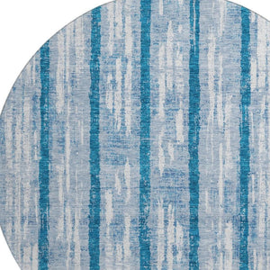 HomeRoots 8' Navy Blue and Ivory Striped Round Rug - Washable, UV-Protected, Durable for Family-Friendly Spaces 670907