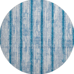 HomeRoots 8' Navy Blue and Ivory Striped Round Rug - Washable, UV-Protected, Durable for Family-Friendly Spaces 670907