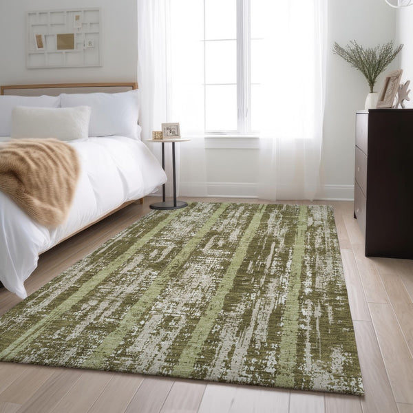 HomeRoots 5' Olive Green & Beige Striped Washable Area Rug - UV Protected, Stain Resistant, Durable for High Traffic Spaces 670912