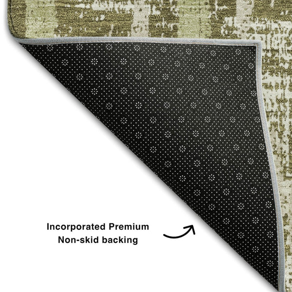 HomeRoots 5' Olive Green & Beige Striped Washable Area Rug - UV Protected, Stain Resistant, Durable for High Traffic Spaces 670912