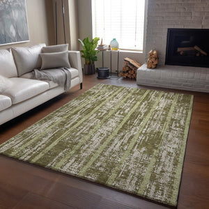HomeRoots 5' Olive Green & Beige Striped Washable Area Rug - UV Protected, Stain Resistant, Durable for High Traffic Spaces 670912