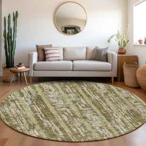 HomeRoots 8' Olive Green & Beige Striped Washable Round Rug - Stain-Resistant, UV-Protected & Stylish Decor 670913