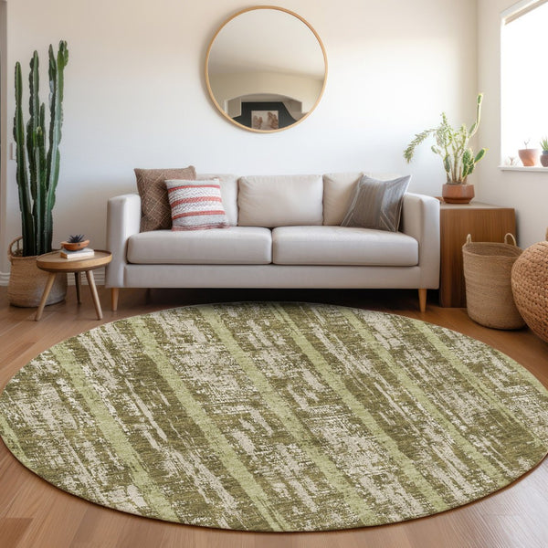 HomeRoots 8' Olive Green & Beige Striped Washable Round Rug - Stain-Resistant, UV-Protected & Stylish Decor 670913