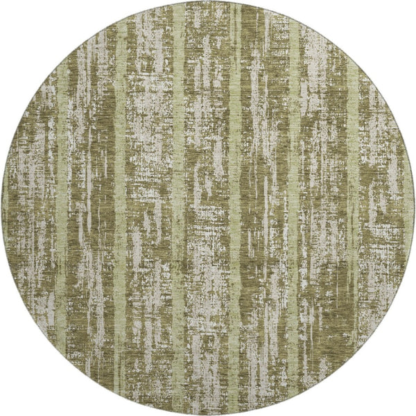 HomeRoots 8' Olive Green & Beige Striped Washable Round Rug - Stain-Resistant, UV-Protected & Stylish Decor 670913