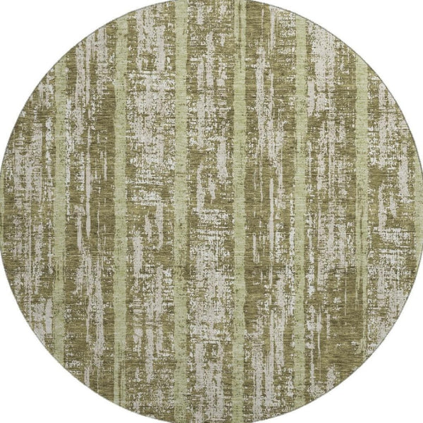 HomeRoots 8' Olive Green & Beige Striped Washable Round Rug - Stain-Resistant, UV-Protected & Stylish Decor 670913