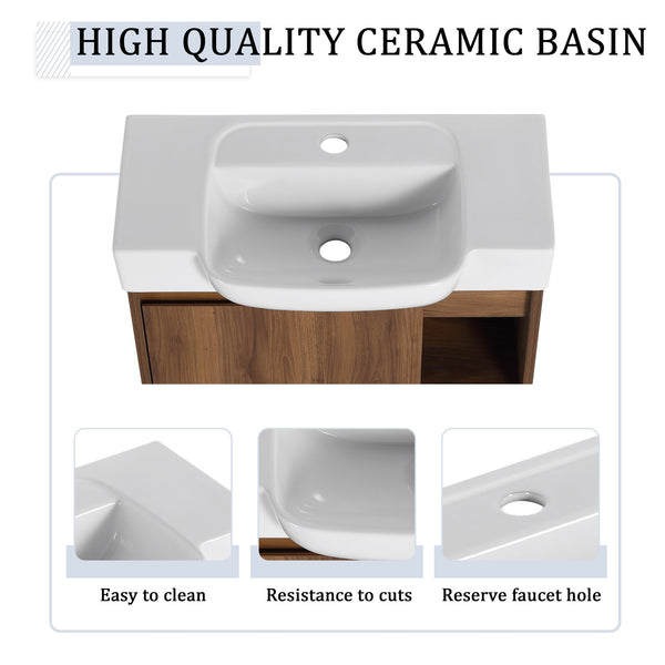 English Elm 24'' Wall-Mounted Bathroom Vanity with White Ceramic Sink, Soft-Close Door, Open Shelves, Moisture-Resistant Finish W999P263406