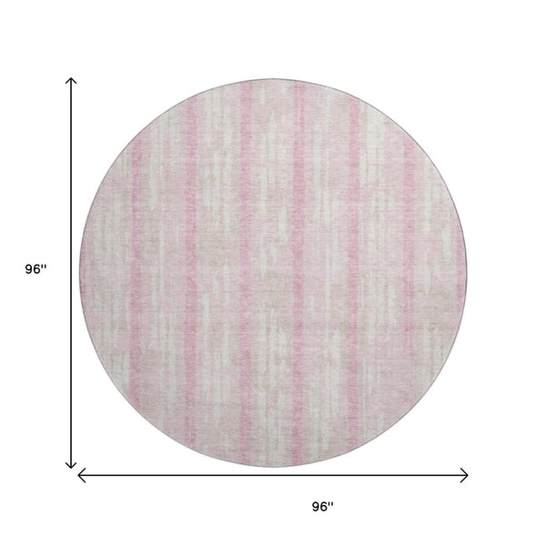 HomeRoots 8' Pink And Ivory Striped Round Rug - Washable, UV Protected, Soft, Durable for Homes with Kids & Pets 670919