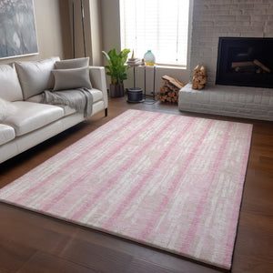 HomeRoots 8' X 10' Pink and Ivory Striped Washable Area Rug – UV Protected, Stain Resistant, Ideal for Families 670920