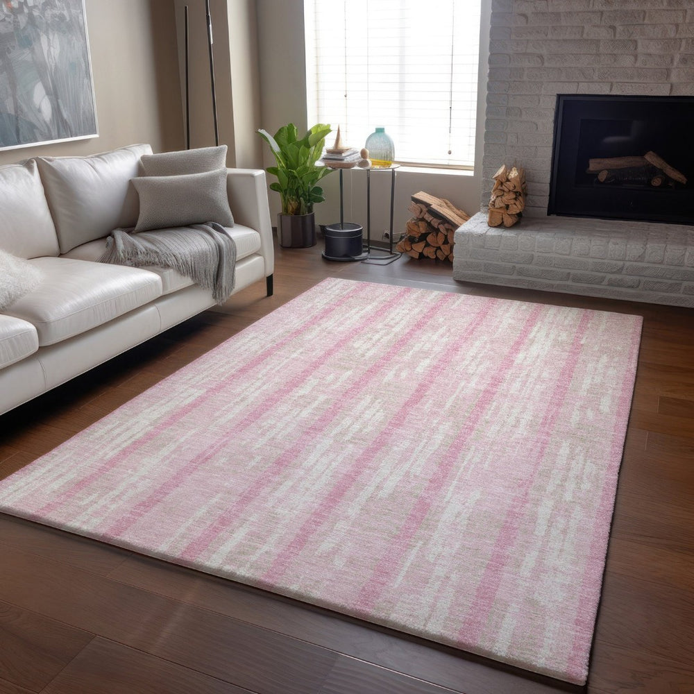 HomeRoots 9' X 12' Pink and Ivory Striped Washable Area Rug with UV Protection – Durable, Stylish, Easy Care! 670921