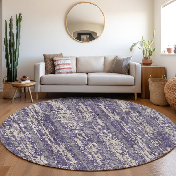HomeRoots 8' Stylish Purple & Beige Striped Washable Round Rug with UV Protection for Family-Friendly Spaces 670925