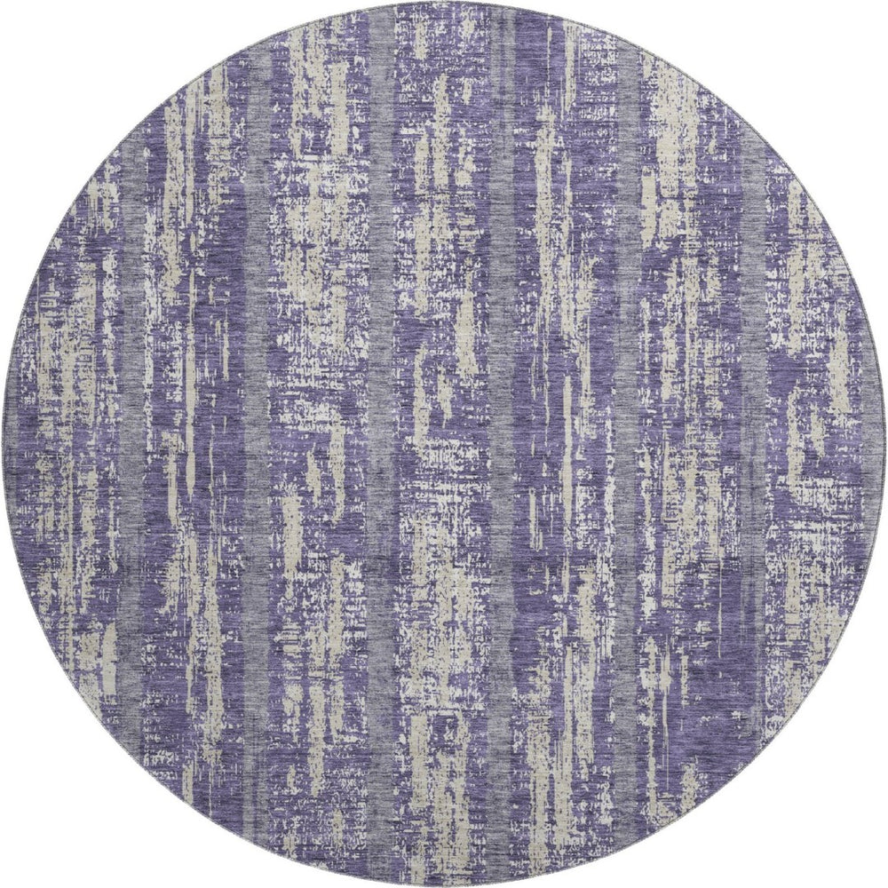 HomeRoots 8' Stylish Purple & Beige Striped Washable Round Rug with UV Protection for Family-Friendly Spaces 670925