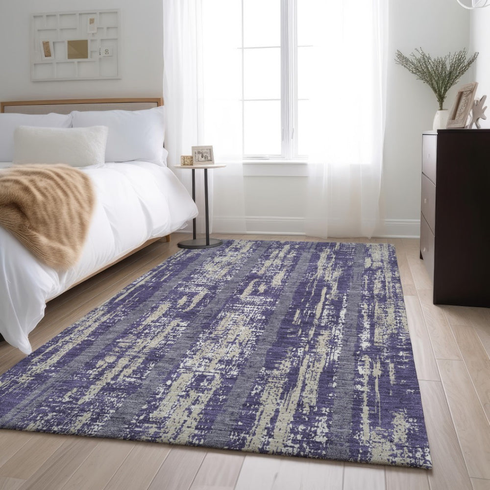 HomeRoots 8' X 10' Stylish Purple and Beige Striped Washable Area Rug with UV Protection for Active Homes 670926