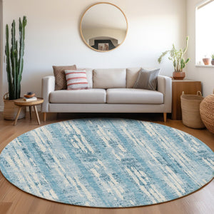 HomeRoots 8' Sky Blue and Ivory Striped Round Rug with UV Protection – Durable, Washable, and Stylish Design 670931