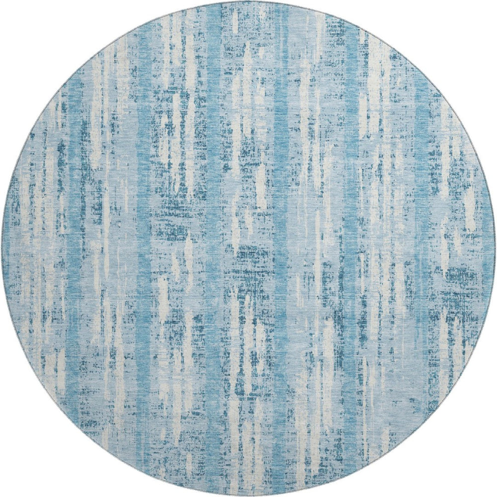 HomeRoots 8' Sky Blue and Ivory Striped Round Rug with UV Protection – Durable, Washable, and Stylish Design 670931