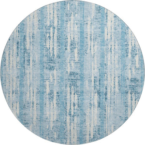 HomeRoots 8' Sky Blue and Ivory Striped Round Rug with UV Protection – Durable, Washable, and Stylish Design 670931
