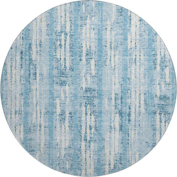 HomeRoots 8' Sky Blue and Ivory Striped Round Rug with UV Protection – Durable, Washable, and Stylish Design 670931