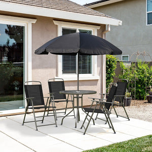 English Elm Outsunny 6-Piece Patio Dining Set For 4 With Umbrella, Black Glass Table & Folding Chairs, Perfect Outdoors W2225P200910-GIGA