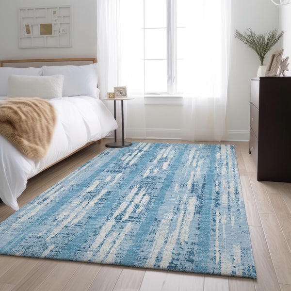 HomeRoots 10' Sky Blue & Ivory Striped Washable Area Rug - UV Protected, Durable, Perfect for Coastal Charm! 670934