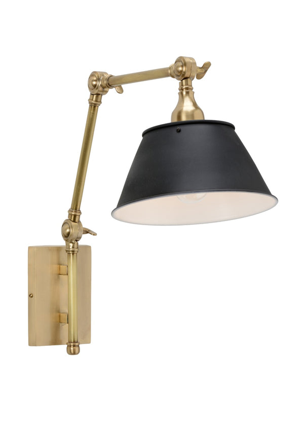 Wildwood Franklin Adjustable Swing Arm Sconce In Antique Brass With Matte Black Shade For Task & Accent Lighting 67094