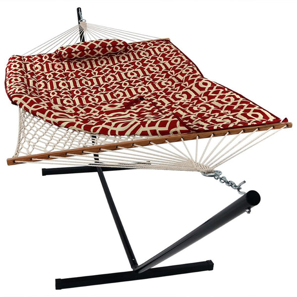 HomeRoots Red Geometric Spreader Bar Hammock with Stand - Vibrant, Durable, and Perfect for Relaxing Outdoors! 670961