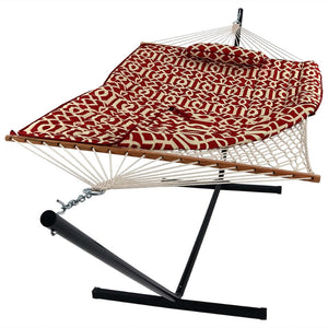 HomeRoots Red Geometric Spreader Bar Hammock with Stand - Vibrant, Durable, and Perfect for Relaxing Outdoors! 670961