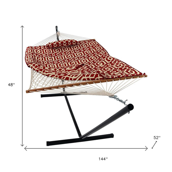 HomeRoots Red Geometric Spreader Bar Hammock with Stand - Vibrant, Durable, and Perfect for Relaxing Outdoors! 670961