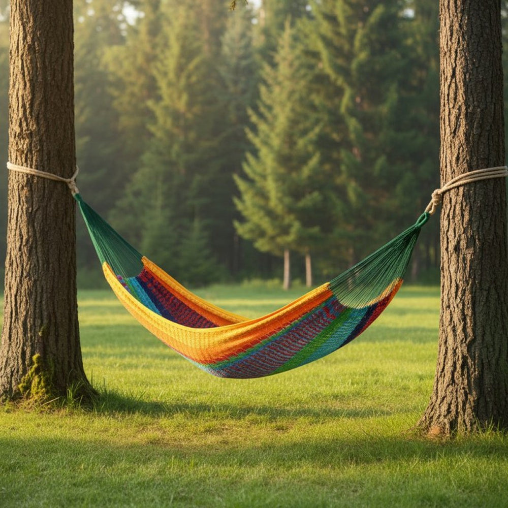HomeRoots Green Handwoven Double Hammock - Vibrant Striped Cotton-Nylon Blend for Ultimate Outdoor Relaxation 670965