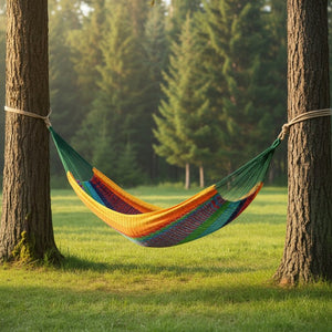 HomeRoots Green Handwoven Double Hammock - Vibrant Striped Cotton-Nylon Blend for Ultimate Outdoor Relaxation 670965