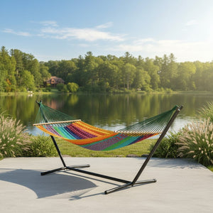 HomeRoots Green Handwoven Double Hammock - Vibrant Striped Cotton-Nylon Blend for Ultimate Outdoor Relaxation 670965