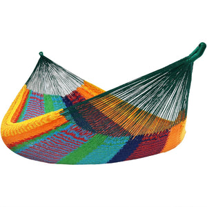 HomeRoots Green Handwoven Double Hammock - Vibrant Striped Cotton-Nylon Blend for Ultimate Outdoor Relaxation 670965