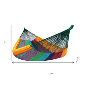 HomeRoots Green Handwoven Double Hammock - Vibrant Striped Cotton-Nylon Blend for Ultimate Outdoor Relaxation 670965