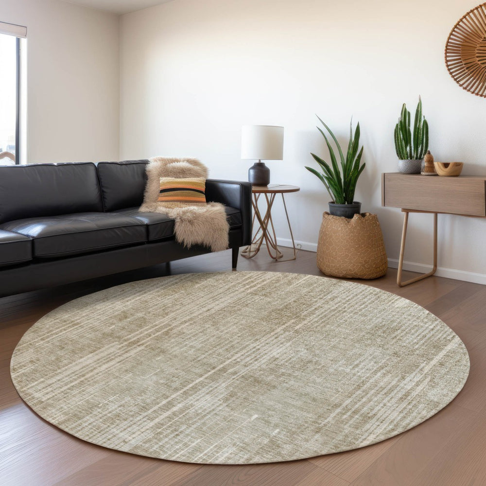 HomeRoots 8' Beige and Taupe Striped Round Washable Rug with UV Protection – Perfect for Homes with Kids & Pets! 670991