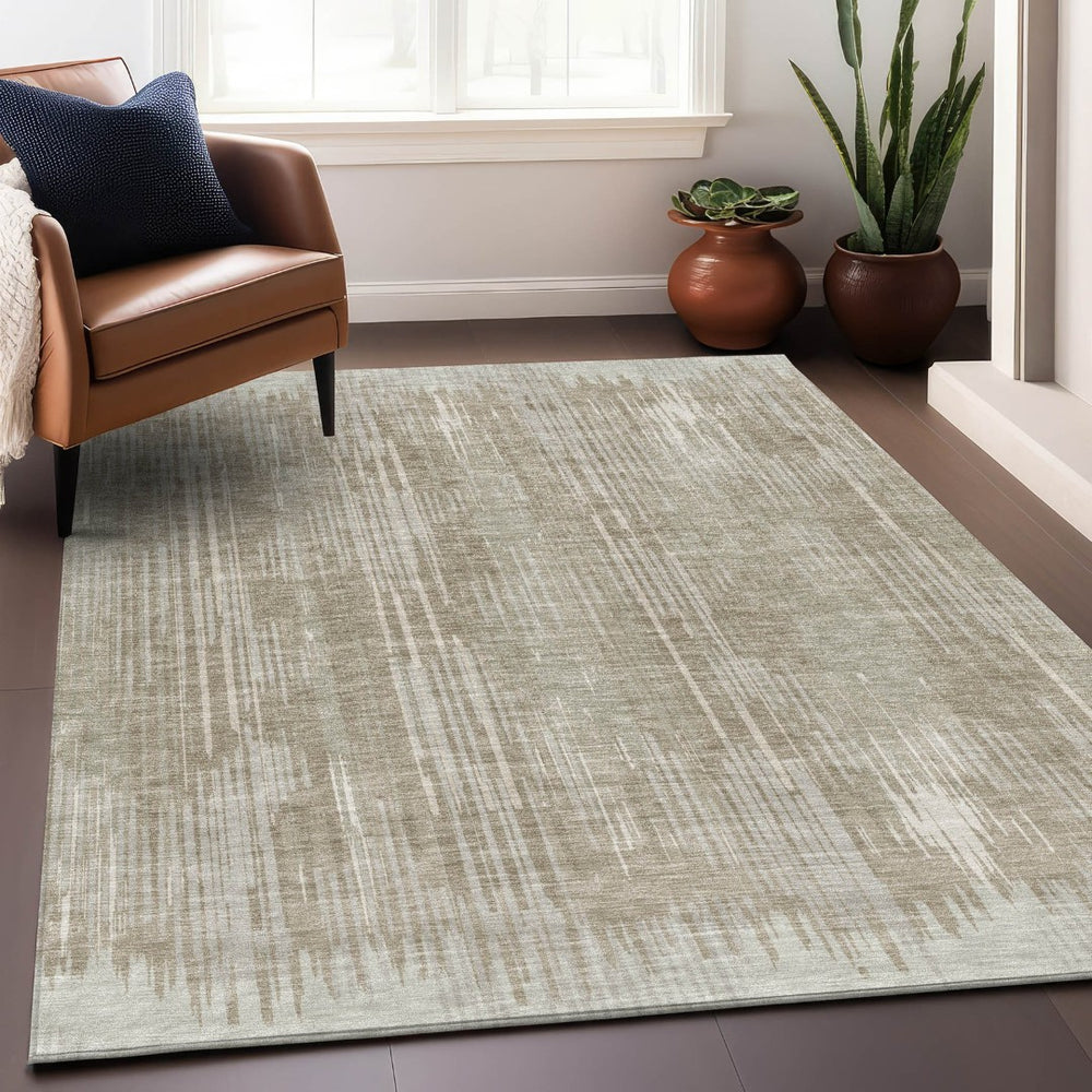 HomeRoots 8' X 10' Beige And Taupe Striped Area Rug – Washable, Stain-Resistant, UV Protected for Family Spaces 670992