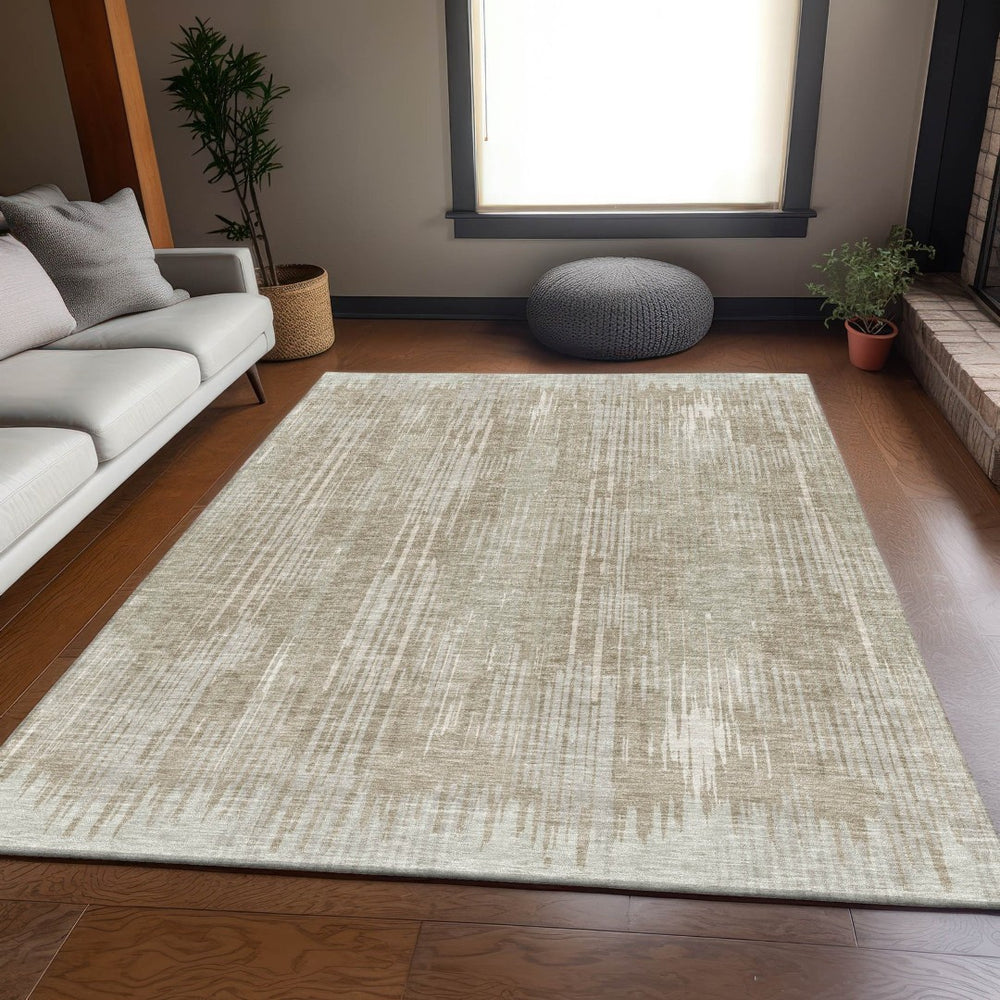 HomeRoots 8' X 10' Beige And Taupe Striped Area Rug – Washable, Stain-Resistant, UV Protected for Family Spaces 670992