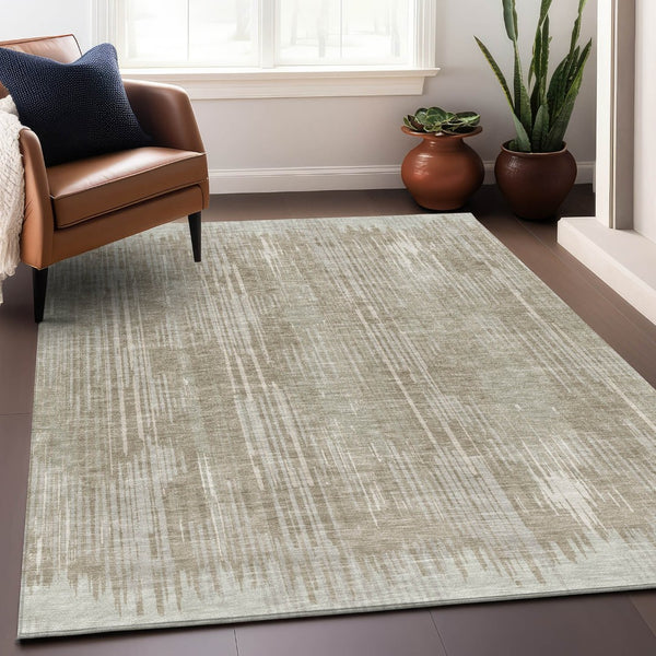 HomeRoots 9' X 12' Beige and Taupe Striped Area Rug - Washable, UV Protected, Durable for High-Traffic Spaces 670993