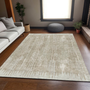 HomeRoots 9' X 12' Beige and Taupe Striped Area Rug - Washable, UV Protected, Durable for High-Traffic Spaces 670993