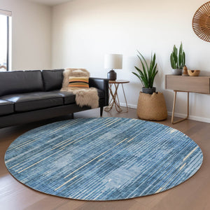 HomeRoots 8' Blue And Ivory Striped Round Rug - Durable, Stain-Resistant, UV Protected for Modern Spaces! 670997