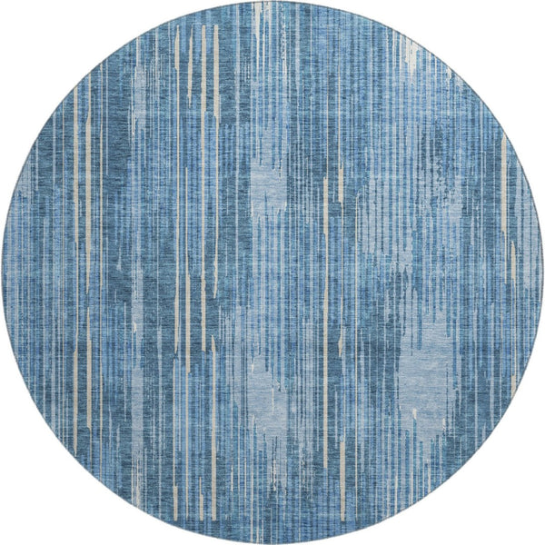 HomeRoots 8' Blue And Ivory Striped Round Rug - Durable, Stain-Resistant, UV Protected for Modern Spaces! 670997